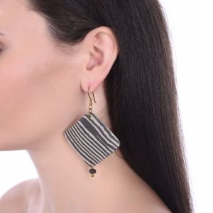 Unravel India glazed ceramic rhombus ivory & grey earring set