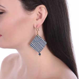 Unravel India glazed ceramic rhombus white & indigo earring set