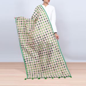 Unravel India Phulkari design Off-white base with green color embroidery Stole