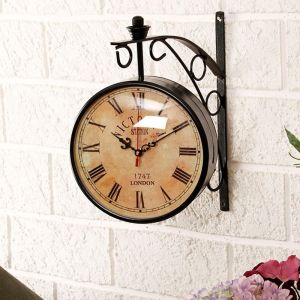 Unravel India Vintage London Station Wall Clock, Double-Sided Railway Style, Roman Numerals, Black Metal Frame (Dia 12 Inch)