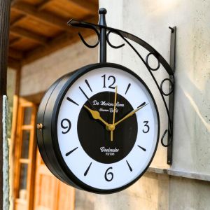 Unravel India 10 Inch Contemporary Double-Sided Wall Clock – Black Frame White Dial Golden Hands