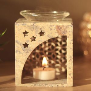 Unravel India "Square Lattice Design Jaali Work" Soapstone Aroma Oil Diffuser and T Light Holder