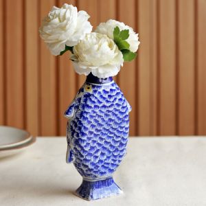 Unravel India "Madhubani Fish"  blue pottery flower vase 
