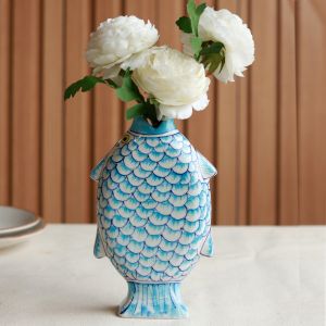 Unravel India "Madhubani Fish" shades of earth blue pottery flower vase 