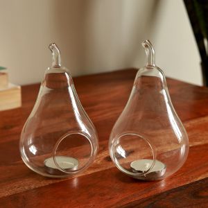 Unravel India Set of 2 Crystal Glass Tealight Candle Holders in Pear Shape for Home Decor Tabletop Decoration Wedding Centerpieces and Festive Lighting
