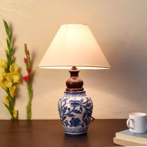 Unravel India Blue pottery mugal art ceramic matka decorative Lamp (Blue,Off-white)