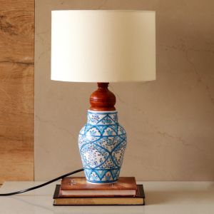 Unravel India blue pottery " Flower Motif Mugal Art" ceramic matka decorative lamp with White Shade