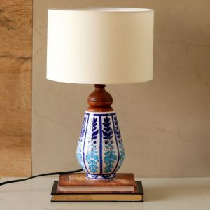 Unravel India blue pottery " Flower Motif Mugal Art" ceramic vessel decorative lamp with White Shade