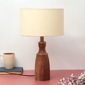 Unravel India "Cylindrical Ribbed" sheesham wood table lamp with off-white shade