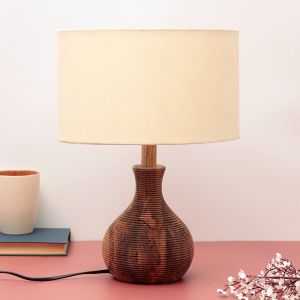 Unravel India "Matka Ribbed" sheesham wood table lamp with off-white shade