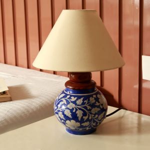 Unravel India Handcrafted Blue Pottery Table Lamp with Floral Design – Elegant Home Décor