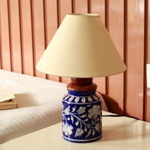 Unravel India Handcrafted Blue Pottery Table Lamp with Leaf Motif – Traditional Home Accent
