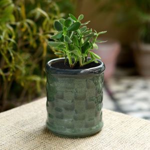 Unravel India ceramic glazed studio blue clyndrical table top planter