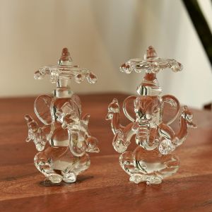 Unravel India Handcrafted Duo Crystal Glass Ganesha Idol with Chatri for Home Mandir and Spiritual Décor 