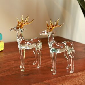 Unravel India Handcrafted Duo Crystal Glass Deer Figurine with Golden Antlers - Elegant Home Décor Showpiece