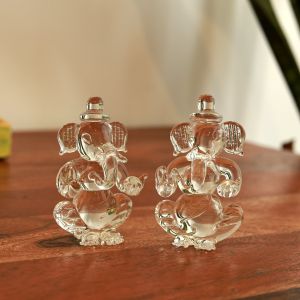 Unravel India Handcrafted Transparent Glass Duo Lord Ganesha Idol for Home Temple, Car Dashboard, and Gift – Symbol of Wisdom & Prosperity