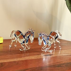 Unravel India Handcrafted Rearing Glass Duo Horse Figurine with Blue Highlights – Symbol of Power, Speed & Elegance – Home Decor & Gift Item