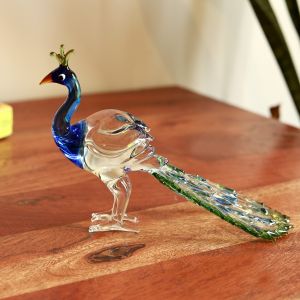 Unravel India Exquisitely Handcrafted Decorative Glass Peacock Figurine for Home Decor Centerpiece Living Room Table Office Shelf and Premium Gifting