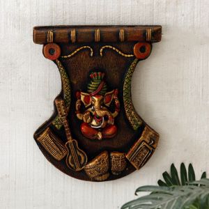 Unravel India "Ganesh with tabla & guitar" fiber procession wall art in wooden frame