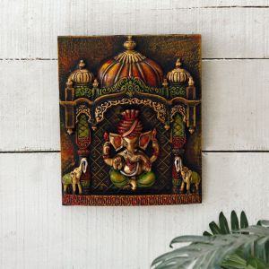 Unravel India "Ganesh with Tusker Duo" fiber procession wall art in wooden frame