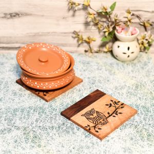 Unravel India Sheesham wood brown owl Coaster Set (Set of 2)