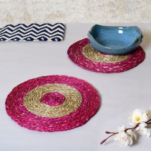 Unravel India Sabai grass circular pink & brown dish coaster set(Set of 2)