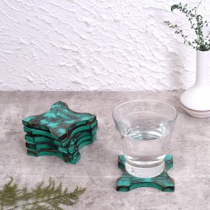 Unravel India Rustic Blue Antique Finish Celestial Star steambeach Wooden Coaster(Set of 6)