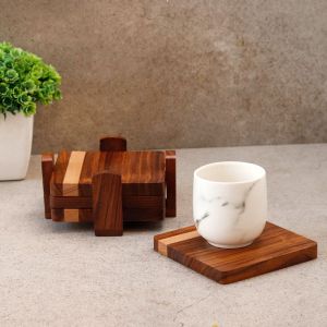 Unravel India "Wood Fusion" Coaster Set in Sheesham & Mango Wood(4 Coaster, 1 Base Tray)