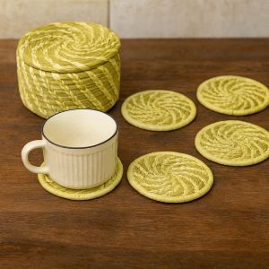 Unravel India Handwoven Cane Coaster Set with Holder – Eco-Friendly Table Décor (Set of 6)