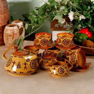 Unravel India Warli handpainted Stoneware Tea Set (set of 15)