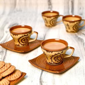 Unravel India Ceramic Warli Brown Cup Saucer (Set of 6)