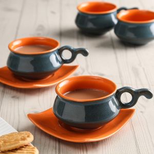 Unravel India Ceramic Tea Cup and Saucer Set, Grey-Orange, Set of 12