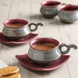 Unravel India Handcrafted Ceramic Tea Cup and Saucer Set, Grey and Burgundy, Set of 12
