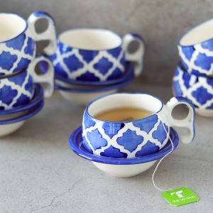 Unravel India Moroccan handpainted chirag ceramic Cup Saucer(Set of 6)