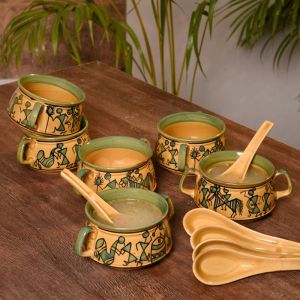 Unravel India ceramic green/brown handpainted warli art soup bowl(Set of 6)