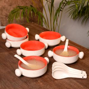 Unravel India stoneware matte finish jumbo soup bowl with round handles(Set of 6)