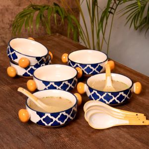 Unravel India ceramic multicolor handpainted umrao pattern jumbo soup bowl with round handles(Set of 6)