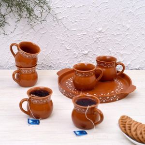 Unravel India Ceramic "Shades of Village" Cutting Chai Cups with Trays(6 Cup, 1 Tray)