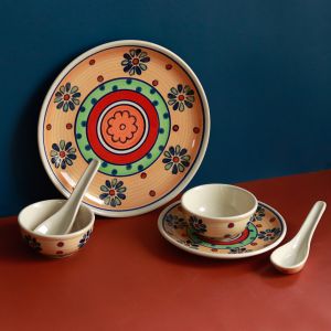 Unravel India "Flower Petals" handpainted ceramic dinner set(1Big Plate, 1Small Plate, 2 Bowl, 2 Spoon)