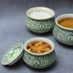 Unravel India "Mugal Bageecha" ceramic handpainted handi in Green & White shade(Set of 3)