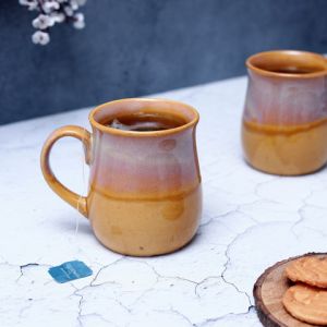 Unravel India "Shades of Gold/Off-white" studio glazed ceramic tea/coffee mug (Set of 2)