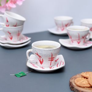 Unravel India "Flower Petals" matte finish ceramic tea/coffee cup & saucer set(6 Cup, 6 Saucer)