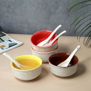Unravel India ceramic off-white soup bowl(4 Bowl, 4 Spoon)