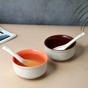 Unravel India ceramic off-white soup bowl set(2 Bowl, 2 Spoon)