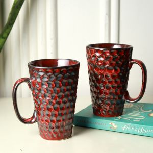 Unravel India ceramic studio brown & red glazed mug set