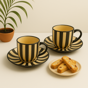 Unravel India "Zebra Pattern" Ceramic Handpainted Cup Saucer(2 Cup, 2 Saucer)