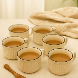 Unravel India "Rippled Pattern" Off-white Ceramic Tea/Coffee Mug(6 Mug)