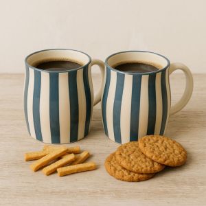 Unravel India Ceramic Tea/Coffee Mugs, Zebra Pattern, Set of 2, Grey and White Striped, 75ml