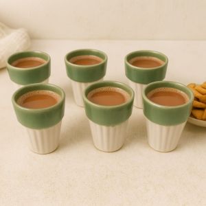 Unravel India Studio Glazed White & Green Ceramic Tea/Coffee Kullhad Set(6 Kullhad)