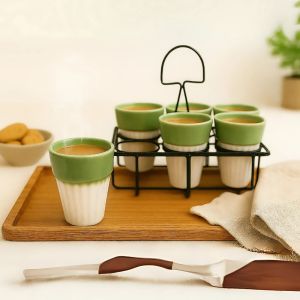 Unravel India Studio Glazed White & Green Ceramic Tea/Coffee Kullhad Set with Stand(6 Kullhad,1 Stand)